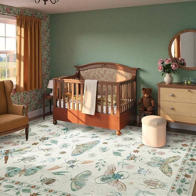 Beeiva Insect Print Rug 8x10, Washable Large Area Rugs for Bedroom Under Bed, Non Slip Soft Low Pile Ultra Thin Foldable Carpet for Office, Kids Room, Playroom, Nursery, Dining Room - Beige