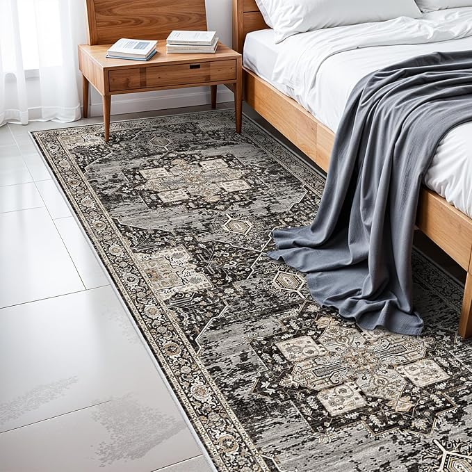 RUUGME Washable 3X8 Runner Rugs - Large Boho Rugs for Living Room Stain Resistant Carpet Vintage Tribal Rugs for Bedroom Kitchen Bathroom Non Slip Backing Home Decor Floor Decoration Mat 3X8 Black