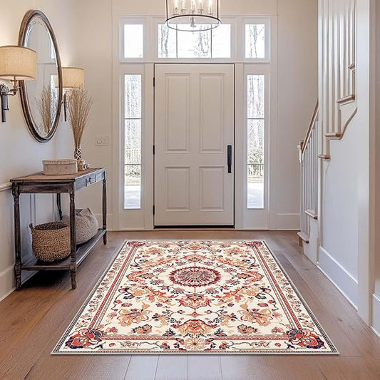 4x6 Area Rug Machine Washable Rugs Boho Orange Rug Non-Slip Low Pile Large Carpet for Home Kitchen Living Room Bedroom Dining Room Office