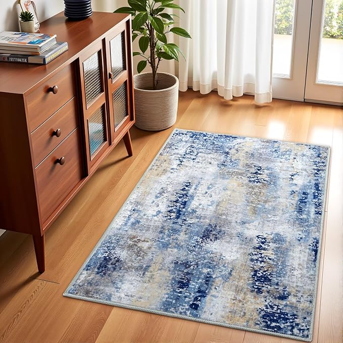 Washable Abstract Rug, 2x3 Small Modern Area Rugs with Non-Slip Rubber Backed for Kitchen, Thin but Soft Throw Carpet Bedroom Entryway Front Door Decor, Midnight Blue