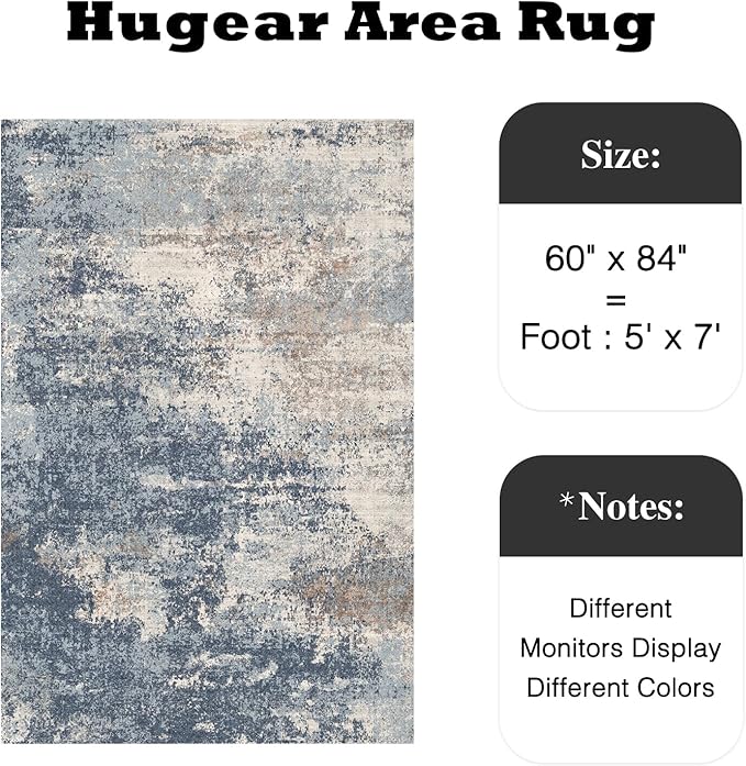 Washable Abstract Dark Blue 5x7 Area Rug - Non Slip Low Pile Carpet for Bedroom, Living, Dining, Kitchen, Laundry & Offices