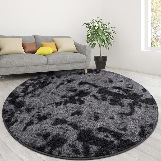 Lascpt Round Rug for Bedroom 6x6, Tie-Dyed Deep Grey Circle Rug for Living Room Super Soft Thicken Memory Foam Circular Rug, Indoor Area Rug for Modern Home Decor, Round Carpet for Nursery Kid's Room