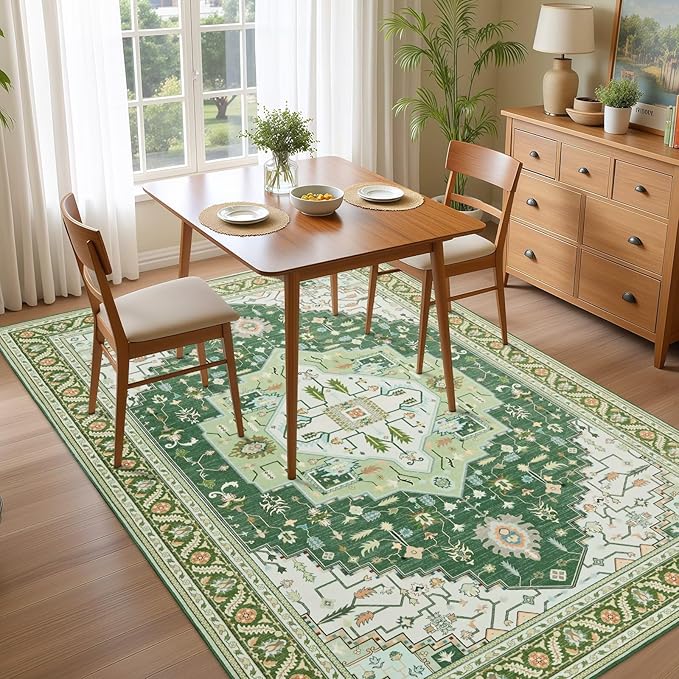 5x7 Green White Area Rug for Living Room, Machine Washable Rugs with Non-Slip Backing for Bedroom, Vintage Medallion Carpet Dining Room Office Kids Room Decor