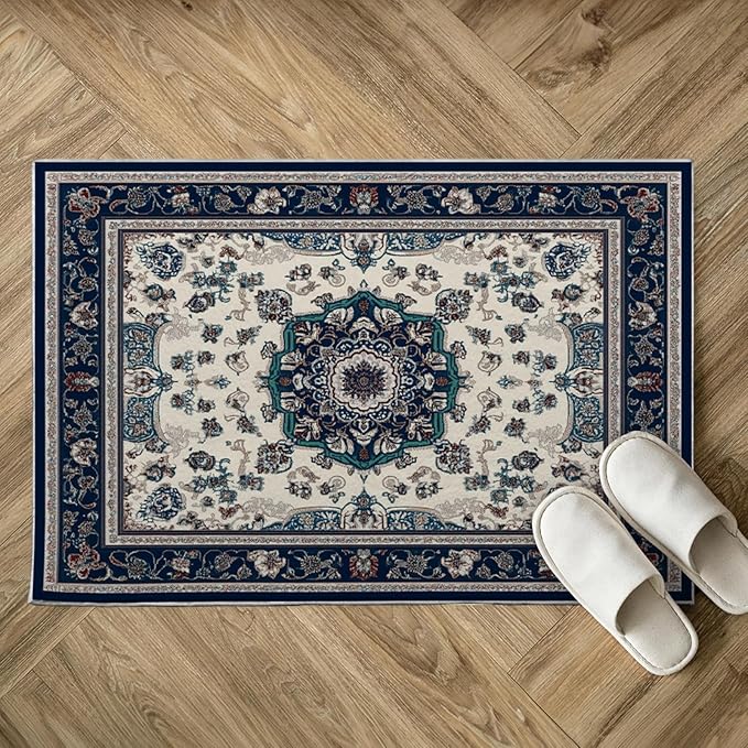 2x3 Boho Rug for Entryway Boho Area Rugs Machine Washable Retro Navy Blue Rug Non Slip Printed Low-Pile Indoor Door Mat Floor Carpet for Kitchen Bathroom Laundry