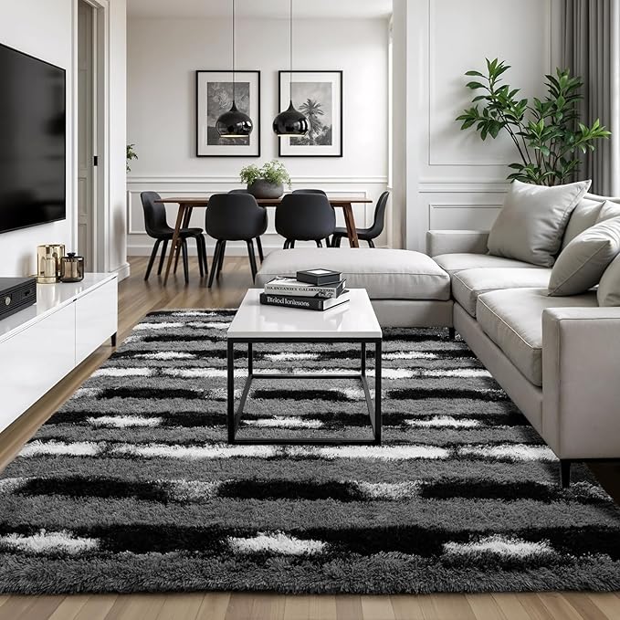 Zentavio Area Rugs for Living Room Rugs for Bedroom 4x6 Carpet Fluffy Fuzzy Soft Shag Aesthetic Plush High Pile Throw Rug for Nursery Kids Room Dorm Vertical Stripes Black White