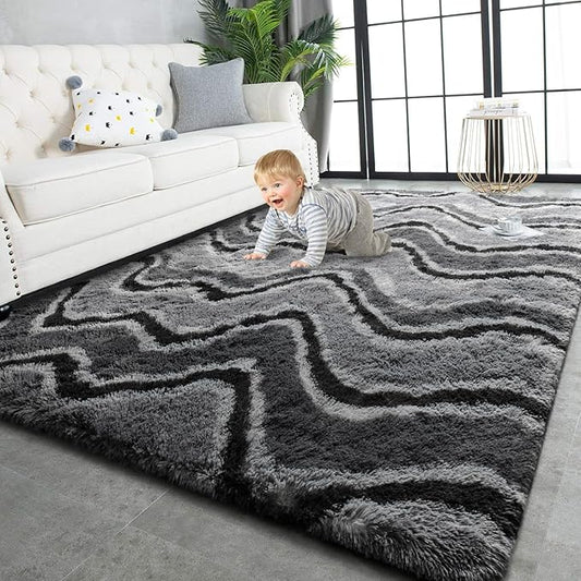 TWINNIS Super Soft Shaggy Rugs Fluffy Carpets, 5x8 Feet, Indoor Modern Plush Area Rugs for Living Room Bedroom Kids Room Nursery Home Decor, Upgrade Anti-Skid Rectangular Fuzzy Rug, Dark Grey Black