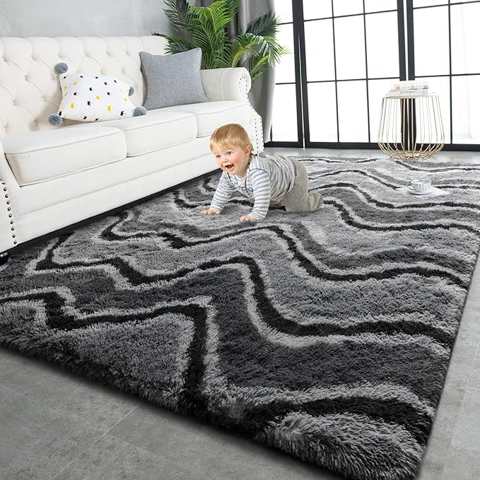 TWINNIS Super Soft Shaggy Rugs Fluffy Carpets, 4x5.9 Feet, Indoor Modern Plush Area Rugs for Living Room Bedroom Kids Room Nursery Home Decor, Upgrade Anti-Skid Rectangular Fuzzy Rug, Dark Grey Black