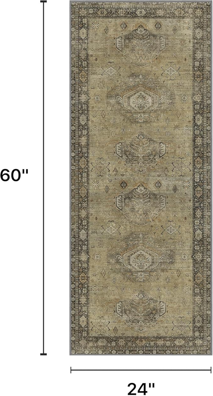 2x5 Runner Rug Non Slip, Machine Washable Rug Runners for Hallways, Vintage Distressed Print Kitchen Runner, Low Pile Lightweight Carpet Runner for Entryway, Laundry, Bedroom, Bathroom Sage Green