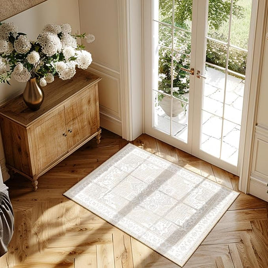 BESTSWEETIE 2x3 Area Rugs for Living Room, Washable Ultra Soft Boho Vintage Print Pattern Rug Non Slip Low Pile Carpet for Dining Room Bedroom Entryway Indoor-Cream/Light Ivory/Beige