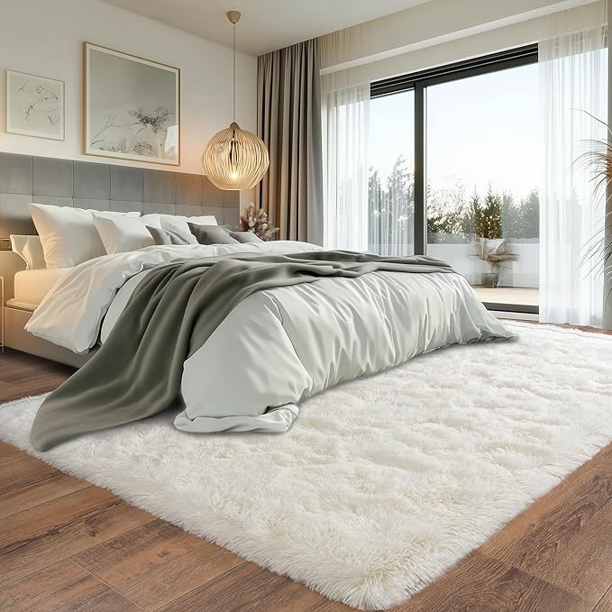 White Fluffy Rug for Bedroom 8x10 ft Large - Ultra Soft & Non Slip Shaggy Area Rug, Comfy Durable Carpet for Living Room Kids Room Teens Dorm Home Decor, 1.7'' Thick Indoor Plush Carpets