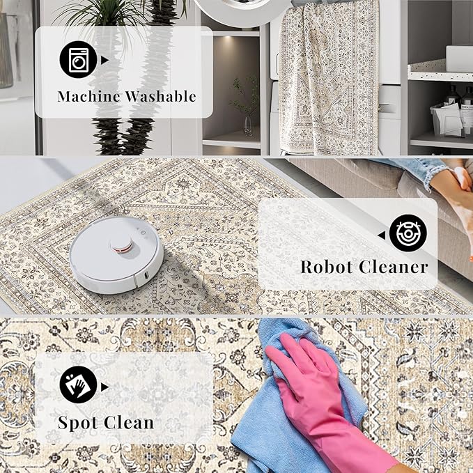 Washable Entryway 2x3 Rug: Small Boho Rugs for Indoor Entrance Non Slip Backing Stain Resistant Carpet Low Pile Throw Rugs for Bedroom Bedside Inside Front Door Floor Kitchen Decor(Beige,2x3FT)