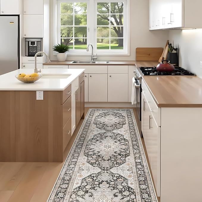 3x12 Runner Rug Hallway - Non Slip Washable Runners Soft Low Pile Long Rugs Oriental Neutral Hall Carpets Ultra Thin Indoor Farmhouse Floor Mat Stain Resistant Waterproof Throw Rug - 3x12 Grey