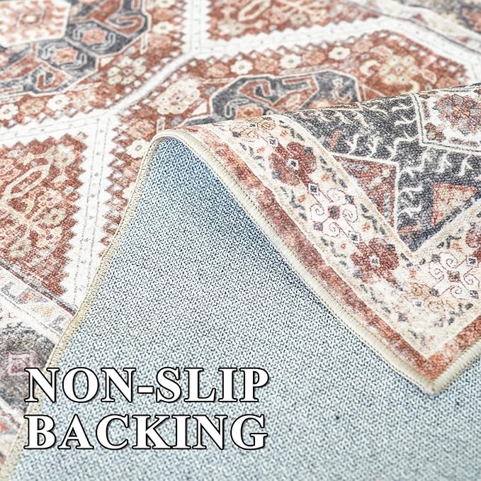Washable Living Room Area Rug: 9x12 Large Super Soft Vintage Rugs Bedroom Oriental Indoor Rug Water Resistant Ultra Thin Carpet Non-Slip Backing Distressed Rugs for Kitchen 9x12 Brick