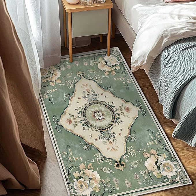 3x5 Area Rug Machine Washable Entryway Rugs Boho Green Rug Non-Slip Low Pile Door Mat Entrance Small Carpet for Home Kitchen Bathroom Bedroom