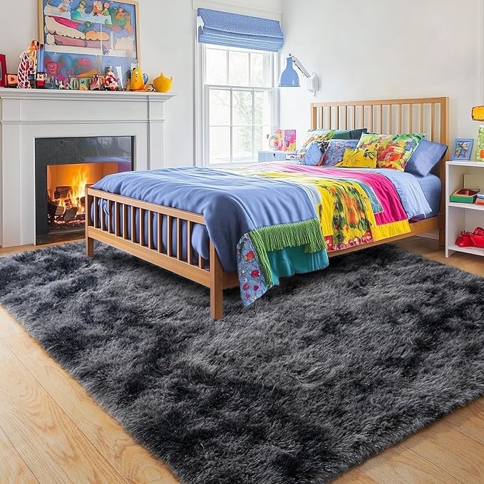 Rugs 5x7 for Living Room Bedroom, Soft Plush Shaggy Area Rugs Fluffy Modern Non-Slip Floor Carpet for Kids Girls Room Dorm Nursery Home Decor Aesthetic, Tie-Dye Black Grey