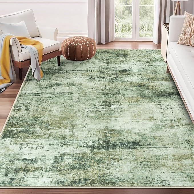 10x14 Area Rugs Living Room Rugs: Large Washable Rug with Anti-Slip Backing Non-Shedding Stain-Resistant Soft Abstract Carpet for Bedroom Dining Room Nursery Home Office Green Brown