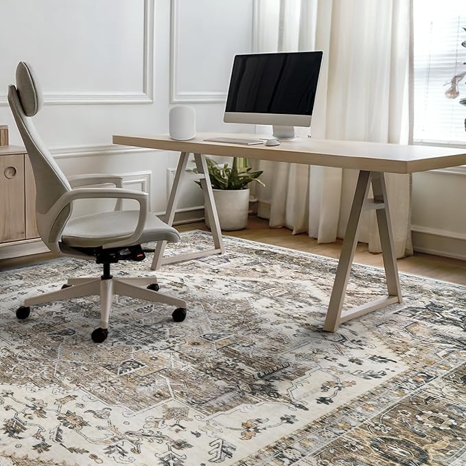 Area Rugs for Living Room 9x12 - Large Machine Washable Vintage Oriental Soft Rug, Low Pile Thin Carpet with Non Slip Backing for Bedroom, Dorm, Under Dining Room Table, Indoor House, Office Decor
