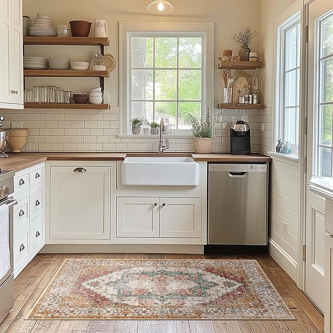 Washable 2x3 Area Rugs, Rugs for Living Room, Low-Pile Water&Stain Resistant Carpet Vintage Distressed Printed Non-Slip Carpet for Bedroom Bathroom Kitchen-Yellow/Brown