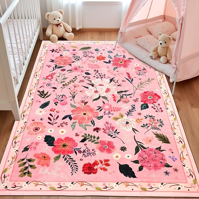 5x7 Pink Floral Rug for Living Room, Machine Washable Area Rugs with Non Slip Backingfor Girls Bedroom, Cute Flowers Carpet Kitchen Dining Room Kids Playroom Decor