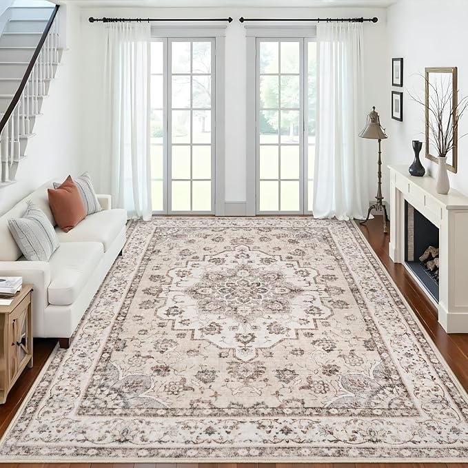 Washable 9x12 Large Area Rug: Vintage Non-Slip Backing Rugs for Living Room Stain Resistant Bedroom Carpet Soft Medallion Farmhouse Floor Mat for Dining Room Home Office 9x12 Cream/Beige