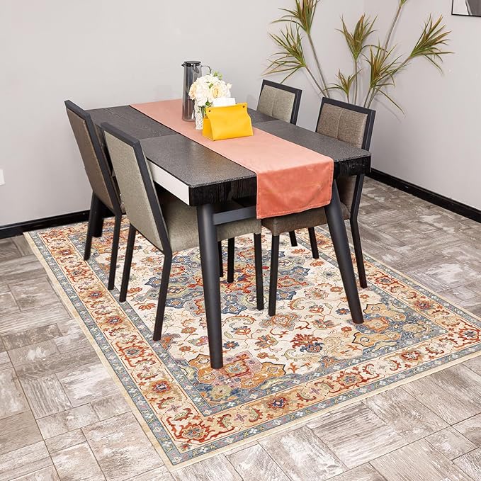 Yancorp 3'x5' Boho Area Rug for Bedroom Non Slip Washable Rug Vintage Carpet Living Room Non-Shedding Indoor Floor Mats Bedroom Kitchen Entryway Rugs-Rectangular Blue Red