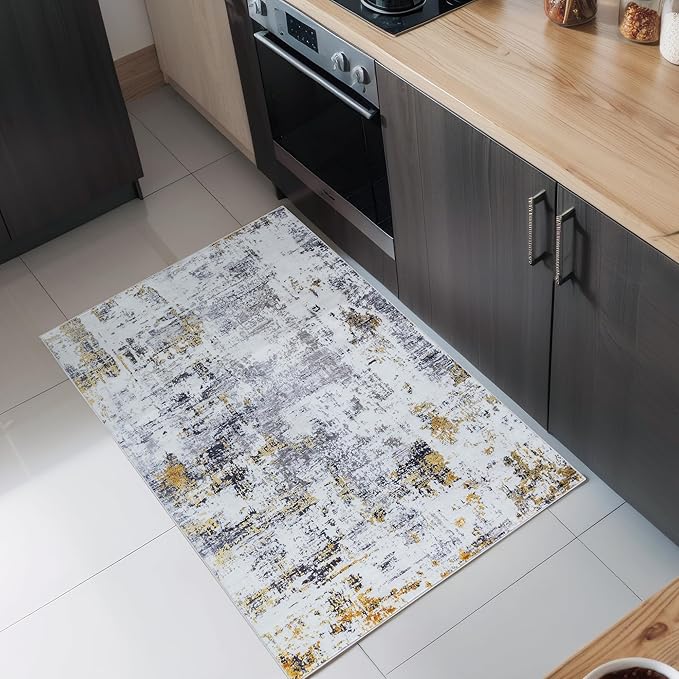 3'x5' Washable Area Rug - Modern Abstract Carpets for Living Room, Bedroom & Dining Room, Stain Resistant, Soft Non-Slip, Machine Washable (Black Gold)
