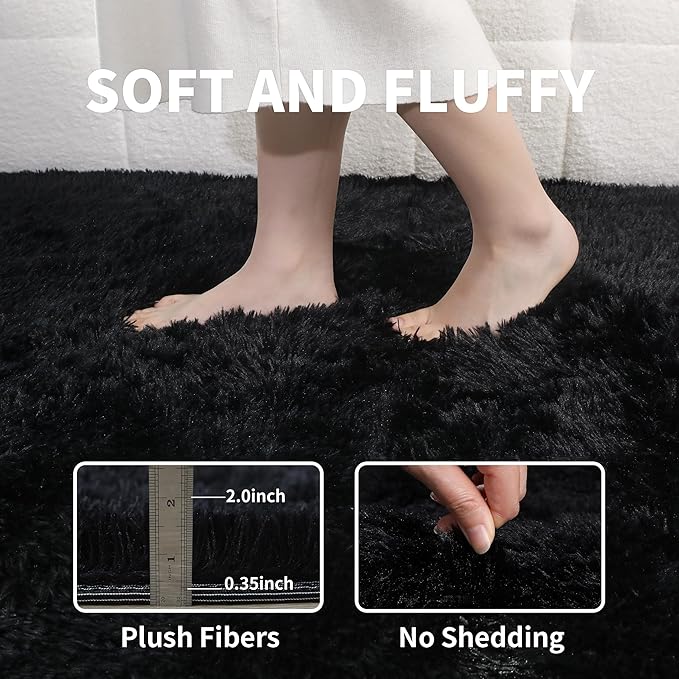 4x6 Black Fluffy Shag Rug for Bedroom, Ultra Soft Plush Fuzzy Washable Cozy Carpet for Living Room, Modern Non Slip Floor Comfy Furry Shaggy Area Rug for Kids Baby Boys Girls Nursery Dorm