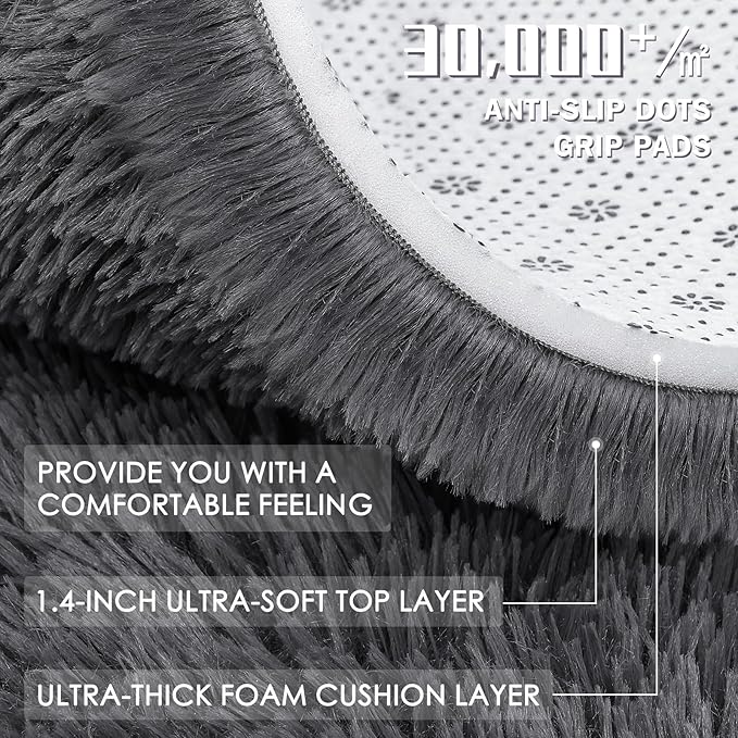 OLANLY Grey Round Rugs for Bedroom - Machine Washable, 5x5 Feet Circle Area Rugs for Living Room, Soft and Fluffy Shaggy Carpet for Teen Girls and Boys, Dorms, Nursery Rooms, Home Decor Aesthetic