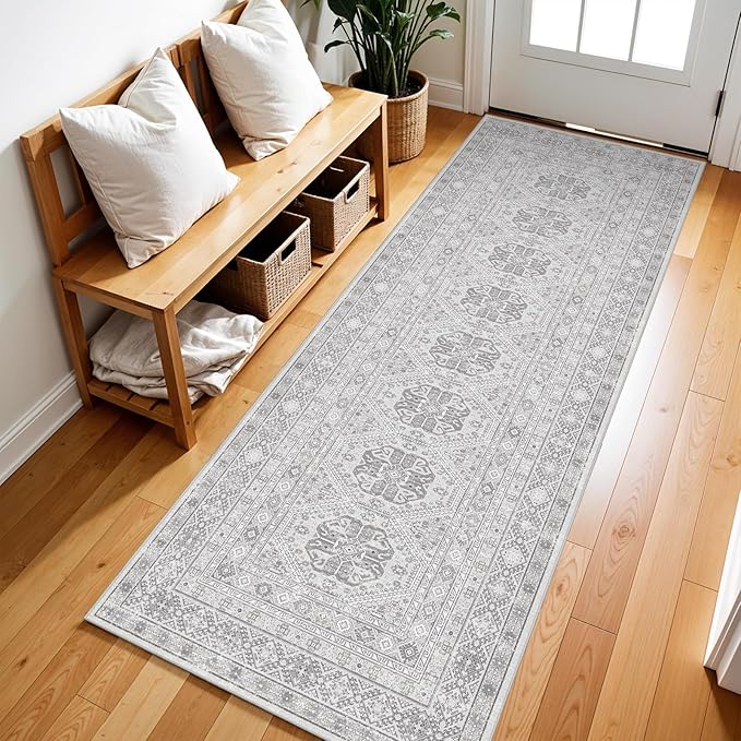 2x6 Runner Rug Kitchen Washable: Oriental Indoor Hallway Runners with Non Slip Backing Floor Mat for Entryway Door Low Pile Thin Carpet for Bedroom Bathroom Living Room Bedside Grey