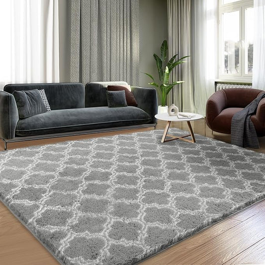 4x5.8 Plush Area Rug, High Pile Rugs for Living Room, Ultra Soft Indoor Carpet for Bedroom, Kids Room, Playroom, Home Decor, Geometric, Light Grey/White