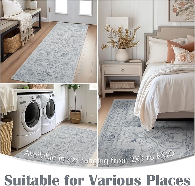 jinchan Hallway Runner Rug 2x8 Machine Washable - Vintage Floral Non-Slip Low-Pile Soft Ultra-Thin Faux Wool Kitchen Rug Distressed Carpet Runner for Farmhouse Bedroom Laundry Room (2x8ft,Grey)