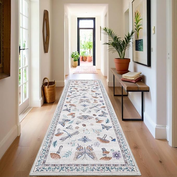 2.5x8 Runner Rug for Hallway Washable Kitchen Rugs Non Slip with Rubber Back Mushroom Soft Low-Pile Stain Resistant Foldable Indoor Carpet for Entryway Laundry Room Floor Mats Beige