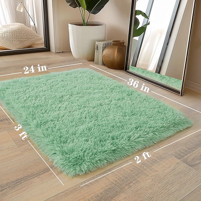 2x3 Fluffy Small Rugs for Bedroom Living Room Dorm Kids Room Home Decor, Soft Indoor Fuzzy Shag Area Rug, Non-Slip Rectangle Plush Throw Rug, Sage Green