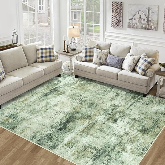 10x14 Area Rugs Living Room Rugs: Large Washable Rug with Anti-Slip Backing Non-Shedding Stain-Resistant Soft Abstract Carpet for Bedroom Dining Room Nursery Home Office Green Brown