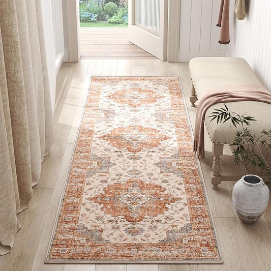 jinchan Runner Rug 3x8 Vintage Hallway Runner Boho Washable Rug Floral Medallion Retro Non Slip Classic Thin Soft Carpet for Kitchen Bedroom Bathroom Laundry Room Doorway Brick Red