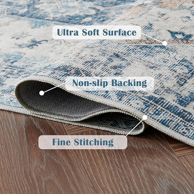 jinchan Runner Rug 2x10 Hallway Rug Kitchen Washable Runner Vintage Mat Retro Print Lightweight Non-Slip Floor Cover Distressed Thin Carpet for Entryway Bathroom Bedroom Laundry Room Stairway Blue