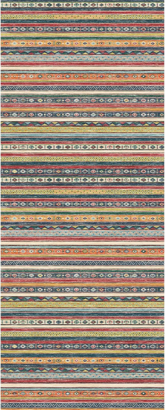 4x10 Rug Washable Kitchen: Non-Slip Southwestern Striped Runner for Kitchen Hallway Entry - Farmhouse Low Pile Stain Resistant Long Thin Floor Carpet 4x10 Red/Blue/Multi