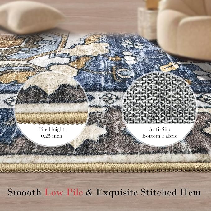 Washable Area Rugs - Perfect for Living Room, Bedroom, Kids Room, Nursery - Stain & Water Resistant Non-Slip, Pet & Child Friendly, Vintage Tribal Area Rugs (Navy, 2'6'' x 8')