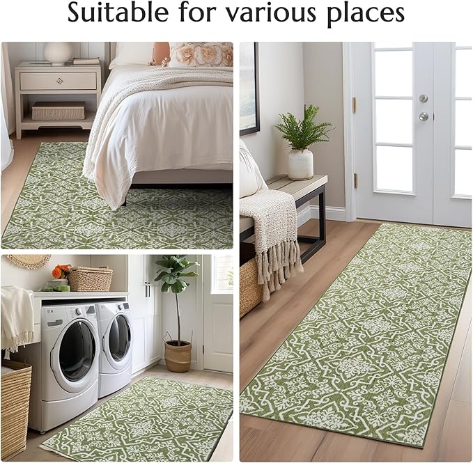 jinchan Boho Runner Rug 2x5 Moroccan Washable Rug Hallway Indoor Floor Accent Carpet Floral Tile Print Mat Soft Thin Runner Non Slip Carpet for Kitchen Bedroom Bathroom Laundry Room Decor Green