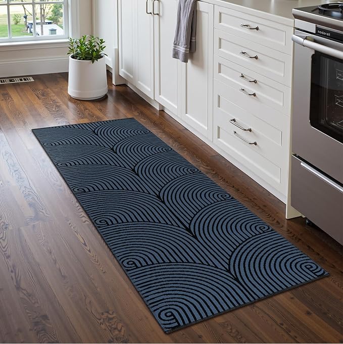 Tiffasea Washable Runner Rug 2'x6' Kitchen Runner for Hallways, Blue Cotton Woven Boho Bathroom Entryway Rug Farmhouse Carpet Runners for Bedroom Entrance Entry