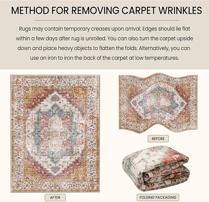 Washable 8x10 Area Rugs, Rugs for Living Room, Low-Pile Water&Stain Resistant Carpet Vintage Distressed Printed Non-Slip Carpet for Bedroom Bathroom Kitchen-Yellow/Brown