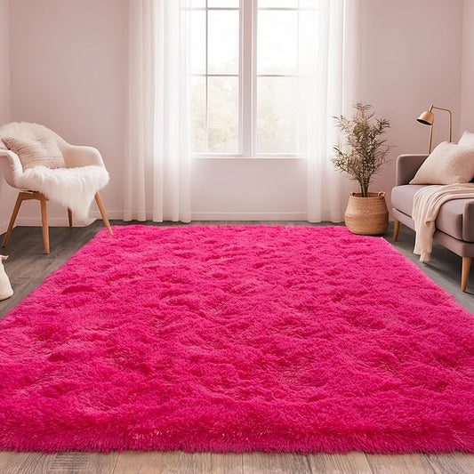 Hot Red Fluffy Rug for Bedroom 4x5.9 ft - Ultra Soft & Non Slip Shaggy Area Rug, Comfy Durable Carpet for Living Room Kids Room Teens Dorm Home Decor, 1.7'' Thick Indoor Plush Carpets