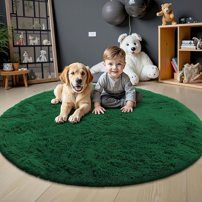 OLANLY Dark Green Round Rugs for Bedroom - Machine Washable, 5x5 Feet Circle Area Rugs for Living Room, Soft Fluffy Shaggy Carpet for Teen Girls and Boys, Dorms, Nursery Rooms, Home Decor Aesthetic