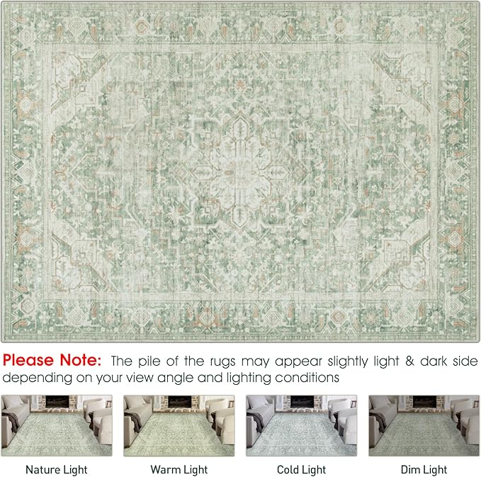 Washable Rugs 8x10 Area Rugs, Soft Vintage Living Room Rug with Anti-Skid Backing Stain Resistant Thin Indoor Carpet Large Area Rug for Bedroom Under Dining Room Table Nursery Entryway-Green