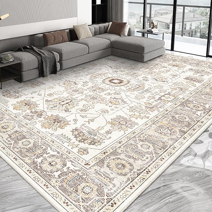 Area Rug 9x12 Living Room Soft Large Washable Rugs with Non-Slip Rubber Backing Stain Resistant Modern Indoor Vintage Carpet for Bedroom Dining Nursery Room Home Office…