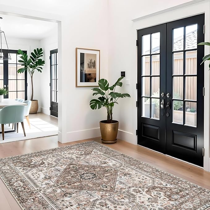 Washable 5x7 Living Room Rug: Oriental Non-Slip Area Rugs for Bedroom Non Shedding Accent Farmhouse Dining Room Carpet Soft Low Pile Mat for Nursery Room Home Office 5x7 Brown