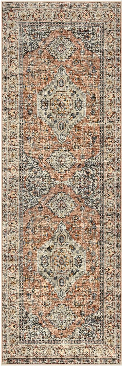 Lahome Oriental Washable Rug Runners for Hallways, 2x5 Kitchen Runner Rug Non Slip with Rubber Backing Ultra-Thin Vintage Carpet for Bedroom Bathroom, Peach/Orange