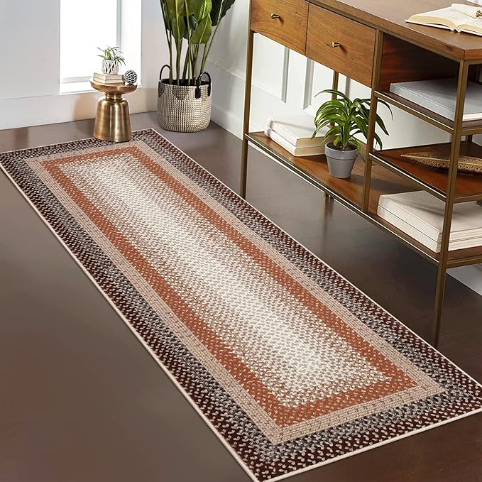 Imitation Braided Collection-Print Washable Area Rugs 2x8 Carpet Runner with Non-Slip Backing, Contemporary Bordered Hallway Rug, Farmhouse Low Pile Floor Cover for Kitchen, Laundry, Bedroom