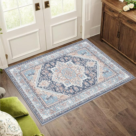 BESTSWEETIE 2x3 Area Rugs for Living Room Washable Non Slip Carpet Low Pile Soft Vintage Print Pattern Rug for Bedroom Dining Room Kitchen Entryway Indoor-Navy Blue/Light Blue/Natural/Brick