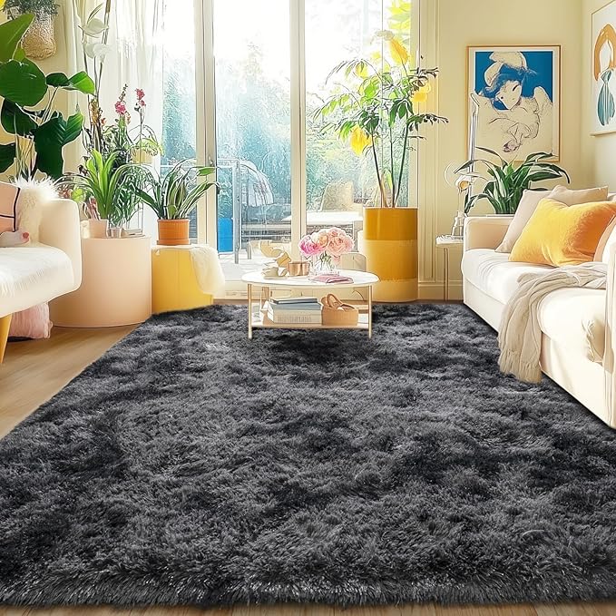 Rugs 5x7 for Living Room Bedroom, Soft Plush Shaggy Area Rugs Fluffy Modern Non-Slip Floor Carpet for Kids Girls Room Dorm Nursery Home Decor Aesthetic, Tie-Dye Black Grey